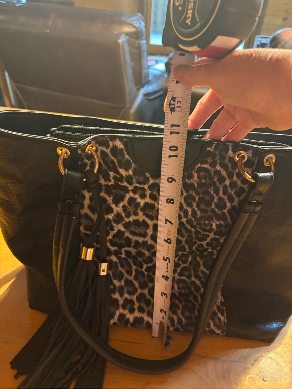 Black Tote with Leopard-Print Panel and Tassel Accent